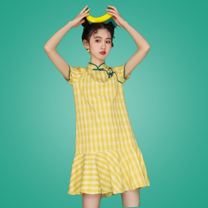 2020年夏季复古风少女格子旗袍裙