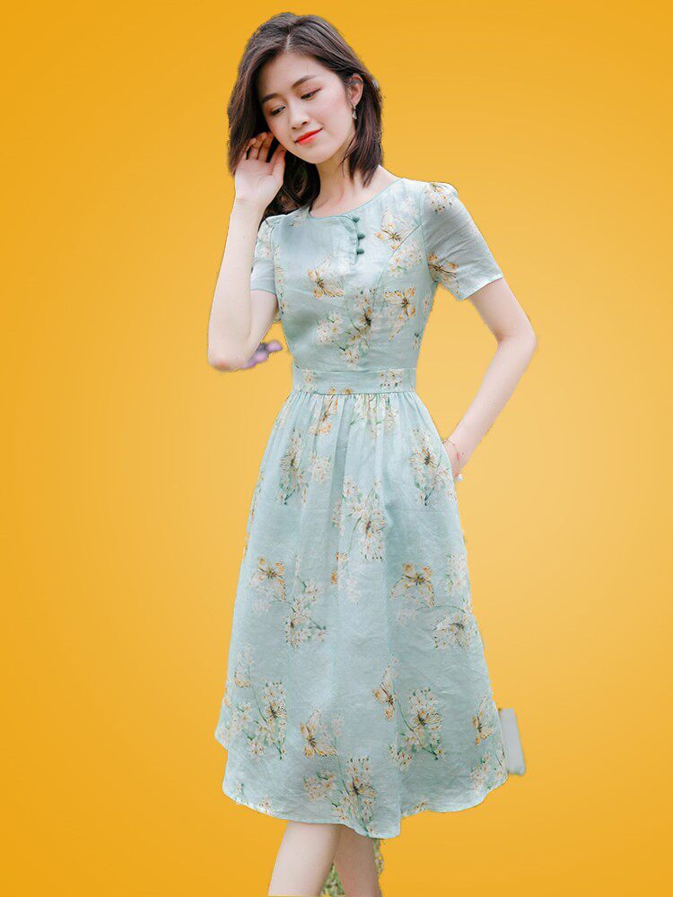 碎花纯高端连衣裙女夏2020新款夏季长裙改良旗袍裙子版苎麻