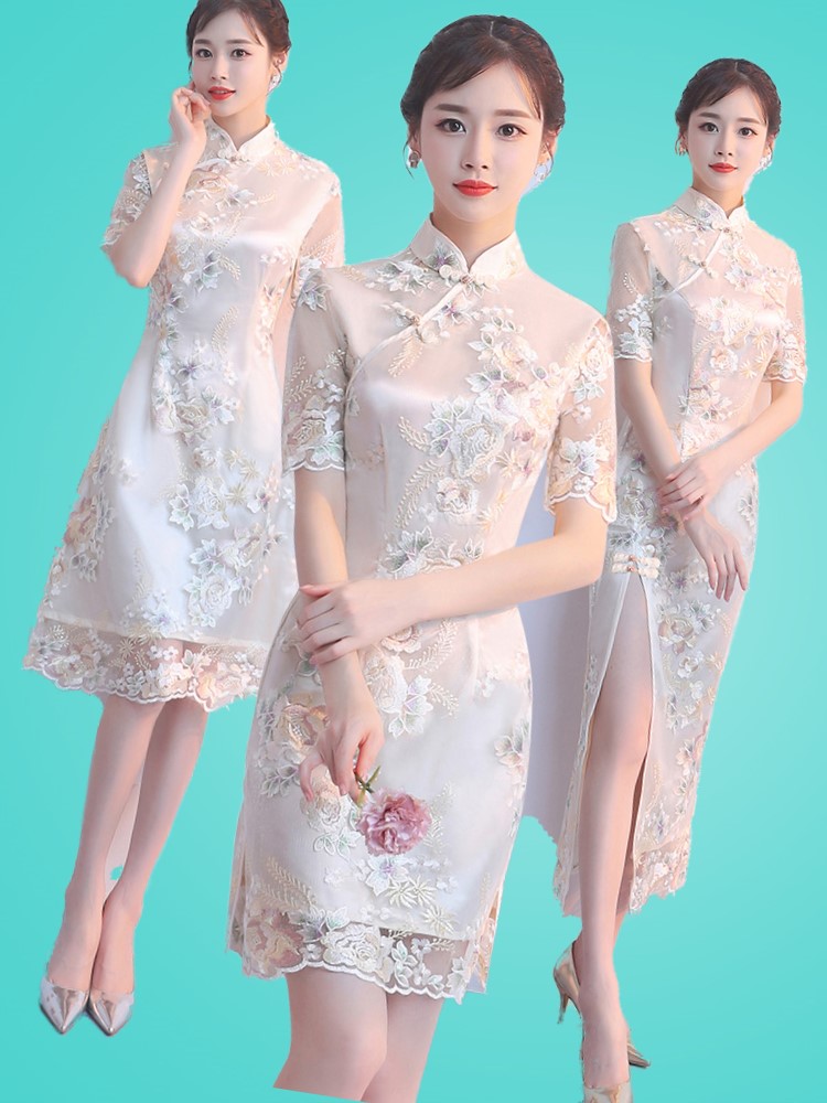蕾丝旗袍款少女裙2020年新款夏法式年轻改良优雅版连衣裙女中国风