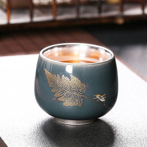 叶脉鎏银单杯品茗杯茶具银茶杯主人杯999纯银杯 霁青月白茶碗陶瓷