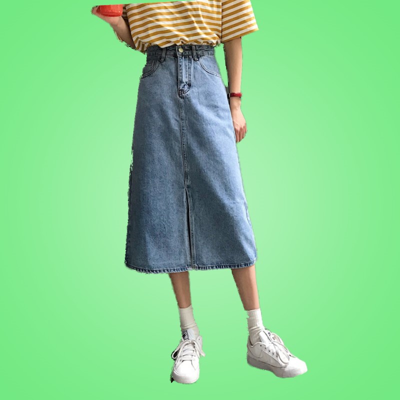 韩版中长款百搭风开叉显瘦半身裙