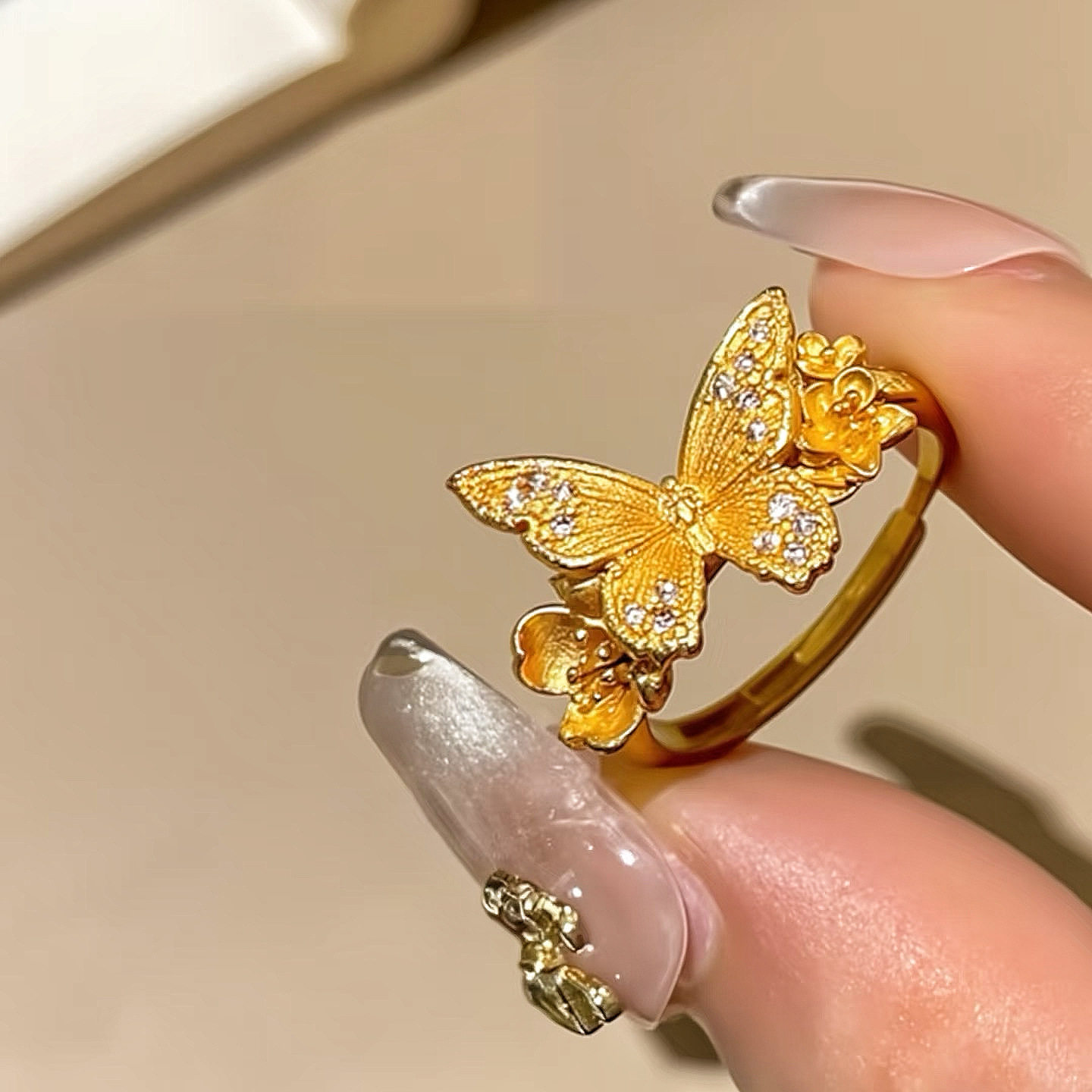黄金色强保色24K真金电镀新中式手饰蝴蝶花朵开口戒指高级感时尚