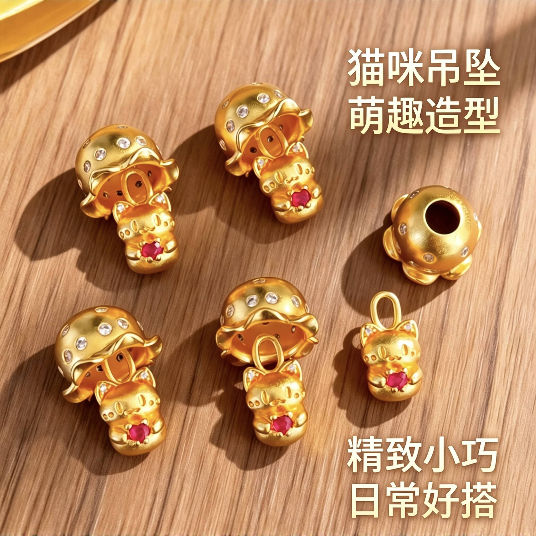 新款点钻蘑菇躲猫猫镀金吊坠女小巧可爱沙金招财猫项链仿金锁骨链