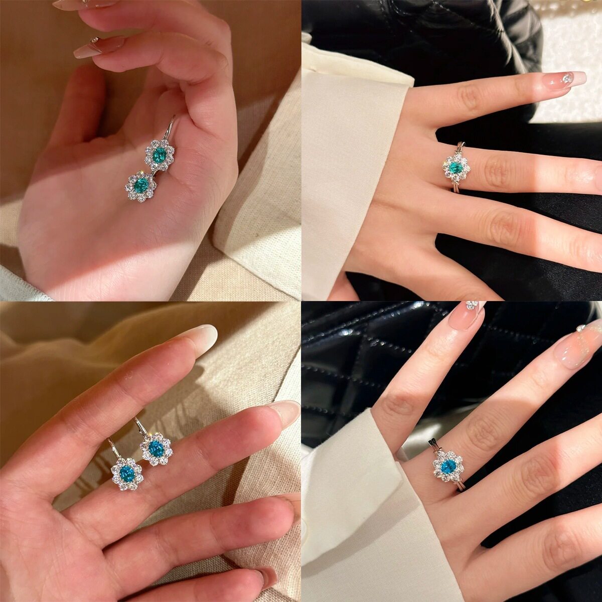 高级感编制设计帕拉伊巴戒指轻奢海蓝宝耳环彩宝套装高碳钻耳扣女