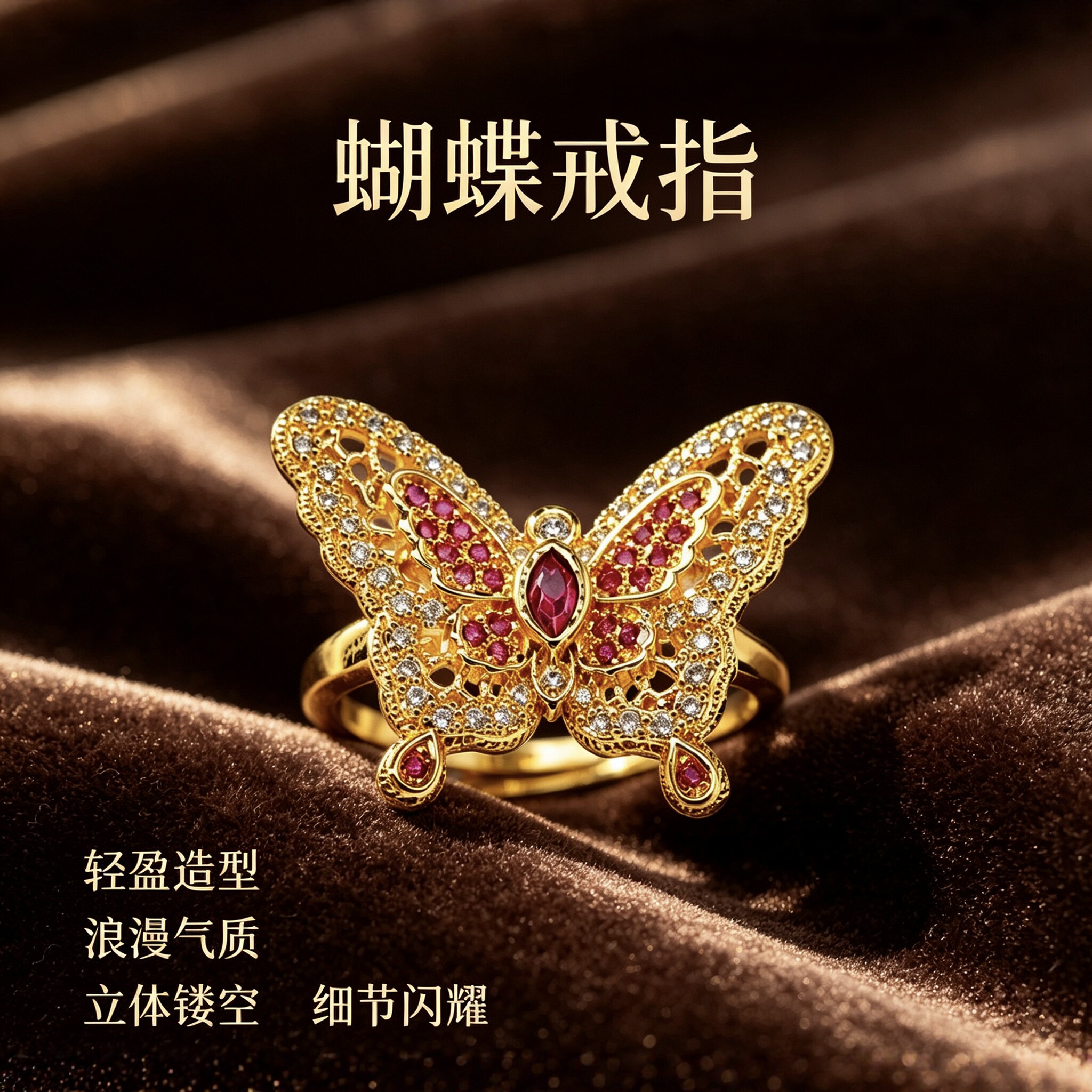 新中式古法沙金满钻红宝蝴蝶戒指轻奢高级感璀璨蝶翼镀金开口指环