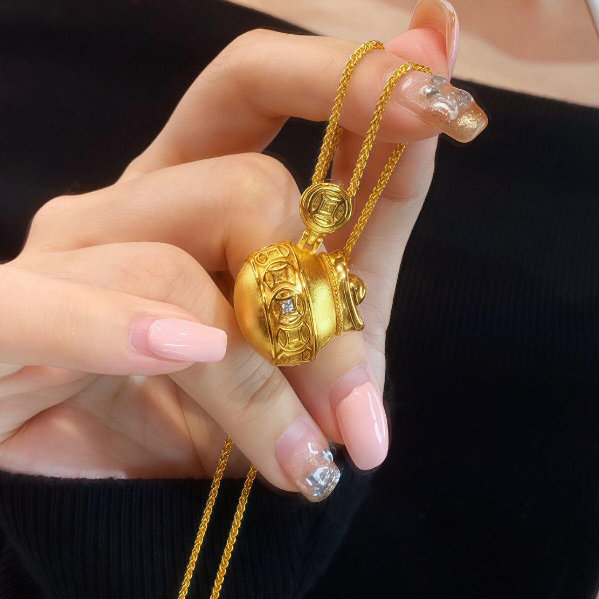 古法沙金招财元宝钱罐吊坠胖钱袋镀金项链女轻奢钱多多福袋毛衣链