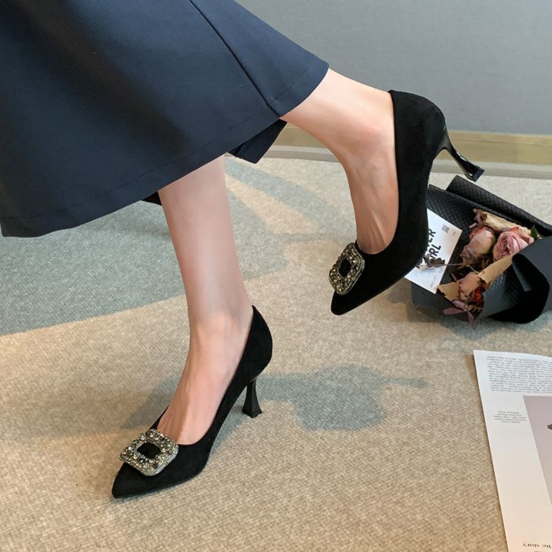 胖mm高跟鞋细跟尖头7cm女单鞋方