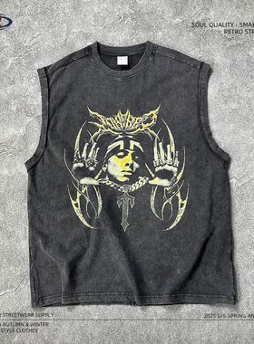 ARTIE男装|2025蜡染磨边坎肩印花男背心驳片拼接洗水做旧潮男t恤