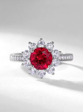 欧美新款太阳花培育红宝戒指女轻