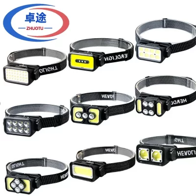 多功能头戴灯COB强光感应头灯Type-C充电户外红光警示应急探照灯