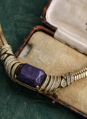 紫色水晶耳钉银耳针女士小众设计感项链锁骨链毛衣链高档首饰套装