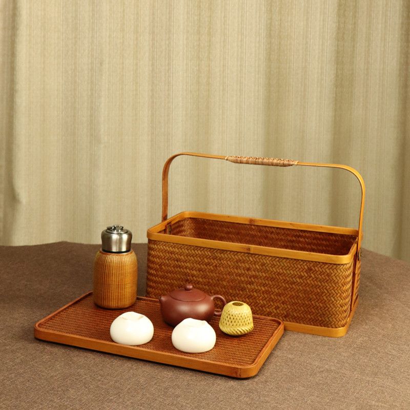 竹编茶箱竹提篮茶具收纳竹提箱便