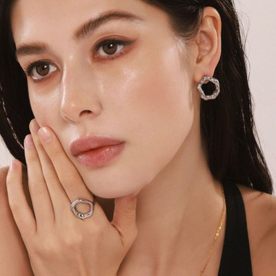 谜丽小众环形岩溶戒指耳钉欧美时