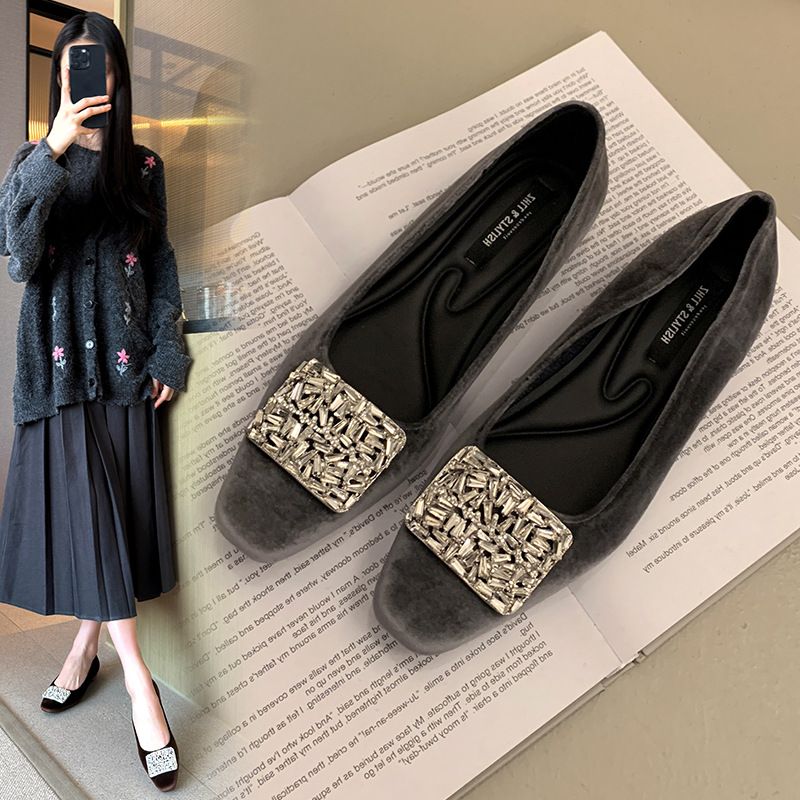 方头水钻单鞋女鞋子春季复古法式