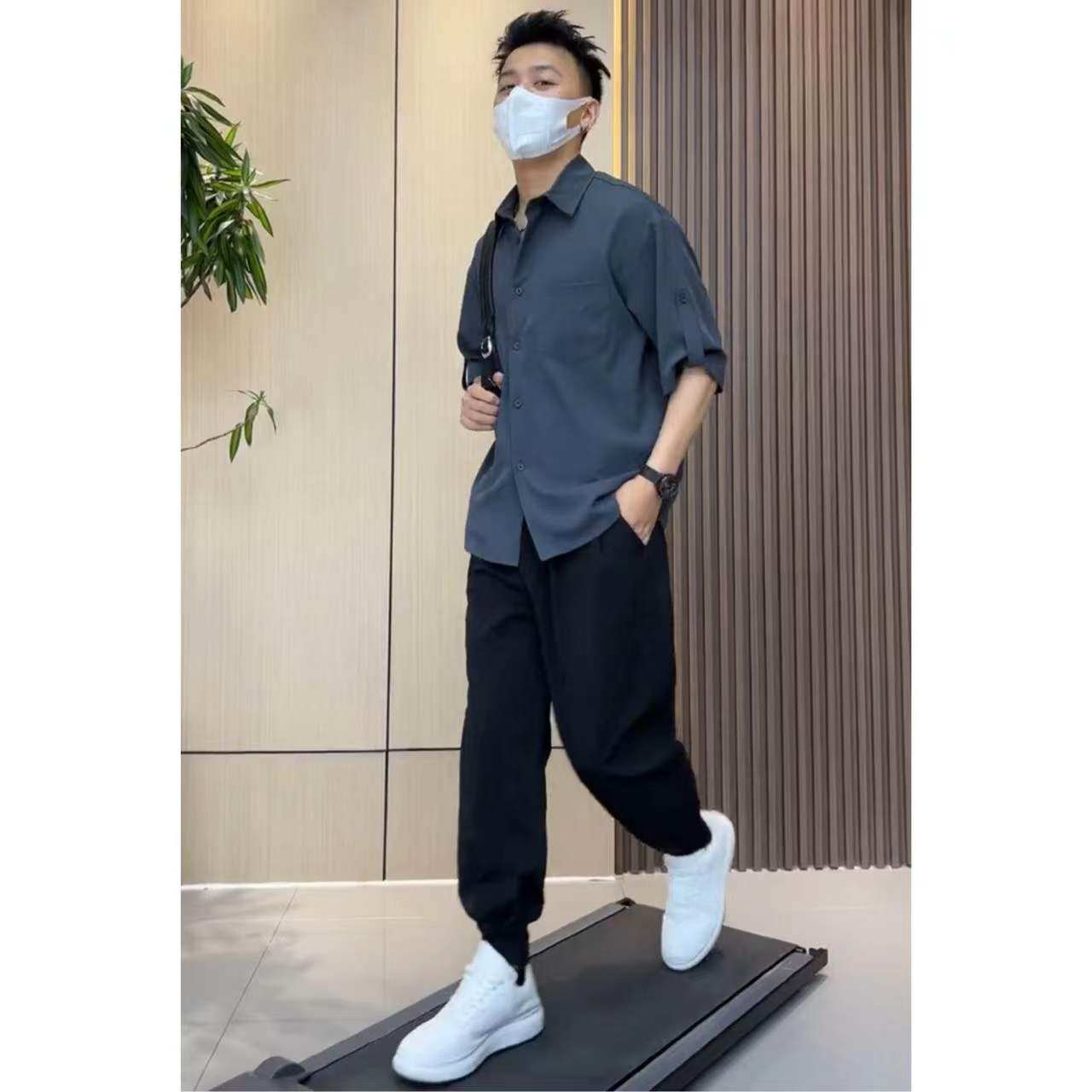 夏季时尚套装高级感男装垂感五分袖衬衫短袖衬衣搭配休闲男休闲裤