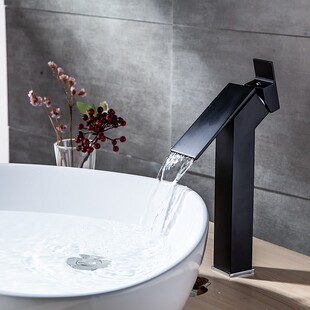 冠爵全铜黑色冷热水龙头 洗脸盆瀑布龙头 加高台上洗手盆面盆龙头