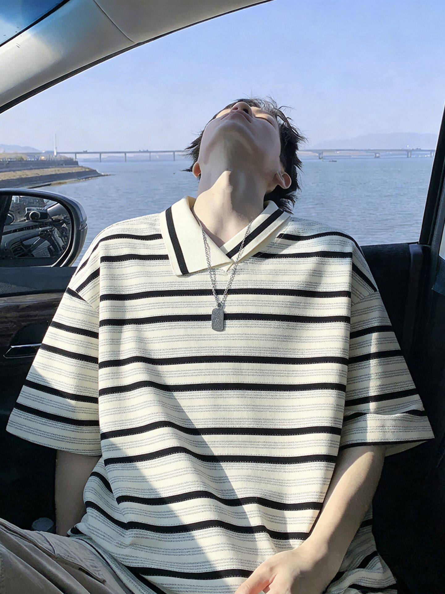 不规则领口条纹polo领短袖T恤男加肥大码潮牌设计感休闲半袖上衣