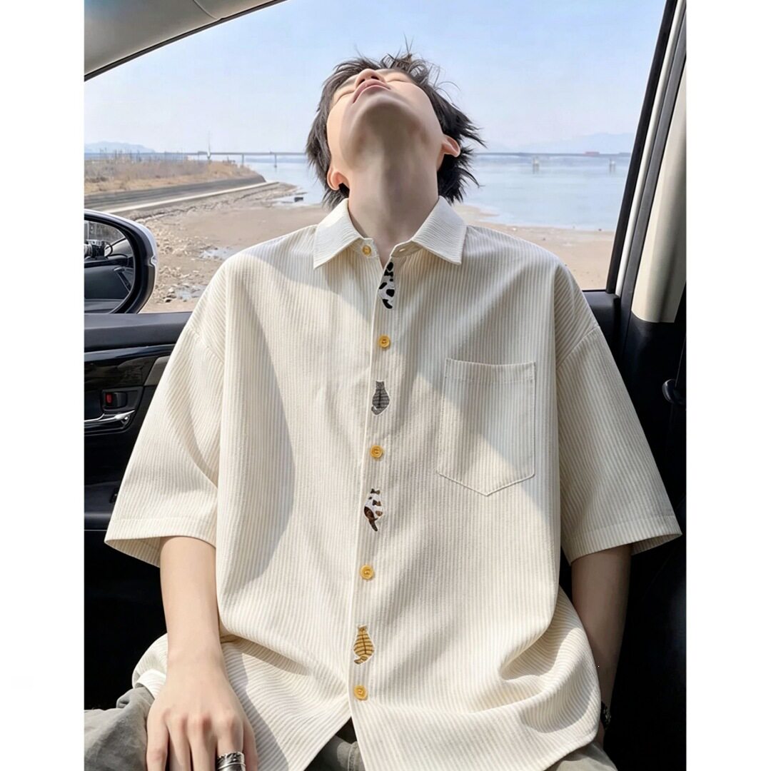 美式潮流设计感短袖衬衫男款2026新款学院风宽松休闲百搭衬衣男装