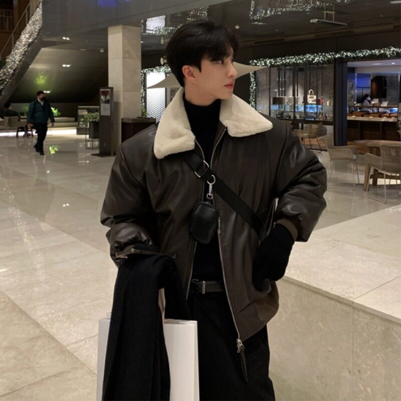 pu皮毛领棉衣男款秋冬季加厚韩版潮流羊羔毛痞帅高级感棉服皮外套