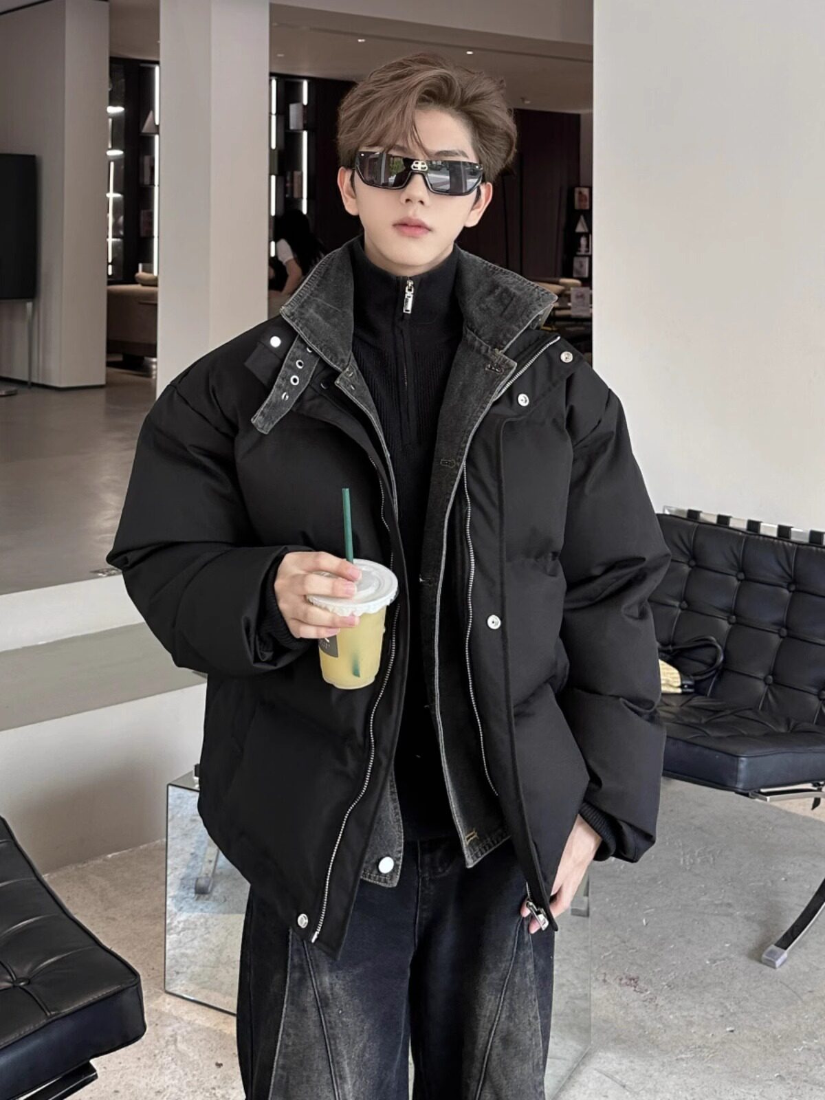 牛仔拼接羽绒棉服男款冬季假两件棉衣韩版潮流宽松面包服痞帅外套