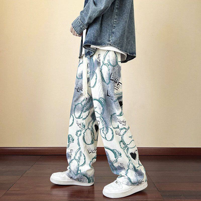 小熊印花裤子男士秋季新款日系潮牌阔腿裤青少年大码宽松休闲长裤