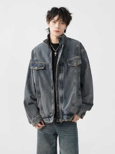 美式复古水洗做旧牛仔外套男女同款休闲立领情侣上衣2026春秋新款