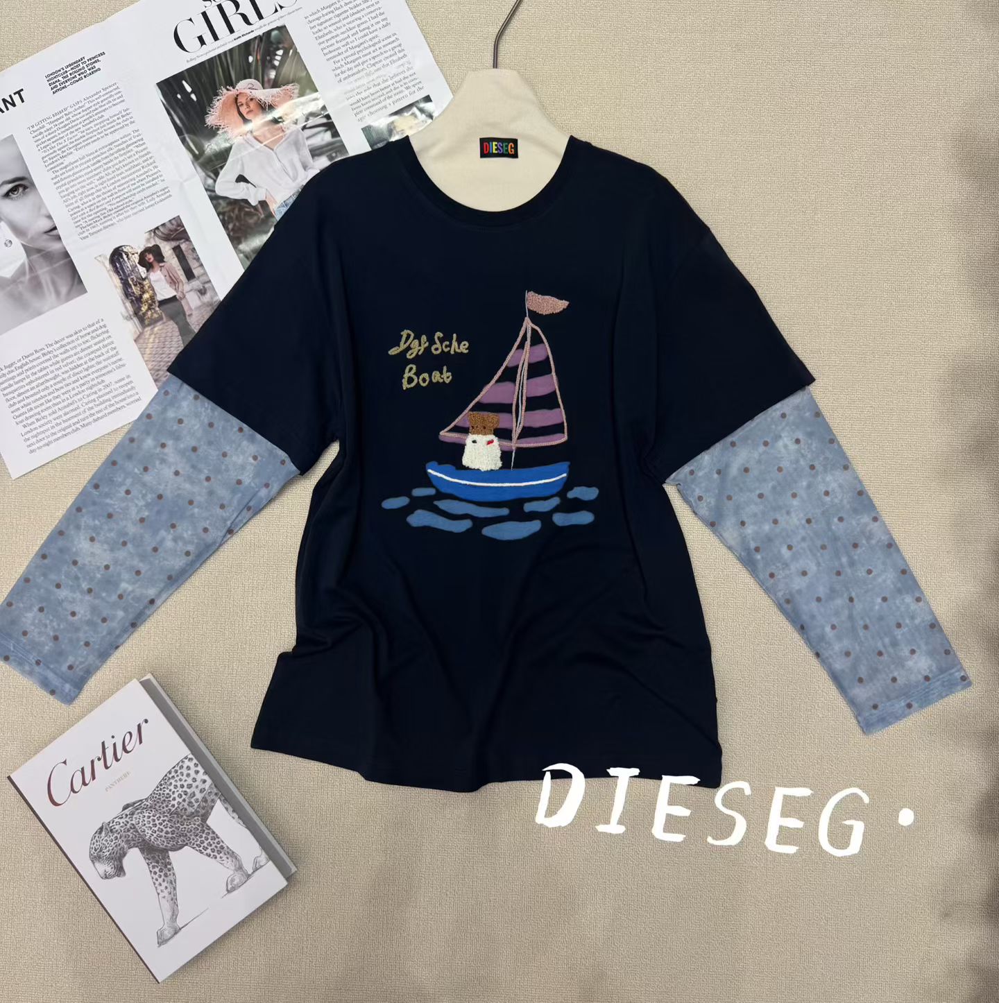 南油DIESEG欧洲站026秋款印花假两件宽松大版减龄显瘦长袖上衣女