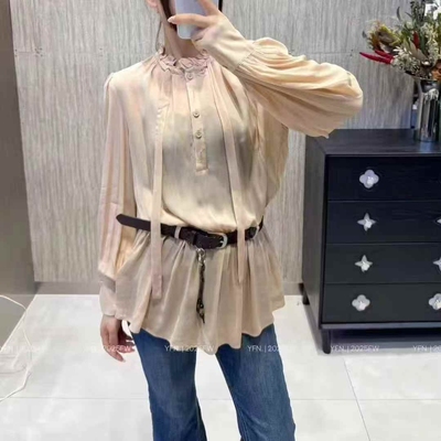 Lw5+8南油欧洲站2025秋新款欧韩宽松减龄显瘦收腰绑带微透衬衫女