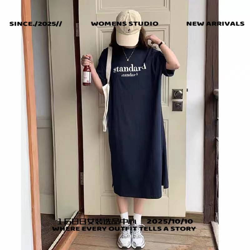 浙江杭州女装韩国大码女装夏季休闲短袖恤裙中长款开叉过膝连衣裙