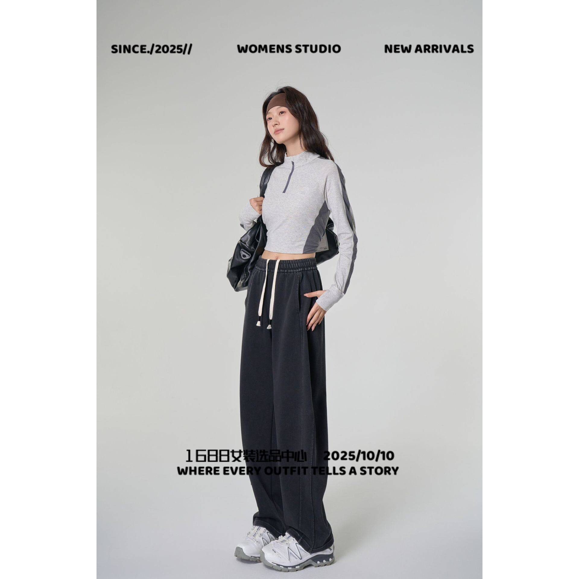 泉州豪瑞服饰牛仔香裤春女装新款美式抽绳高腰宽松弯刀香阔腿休闲