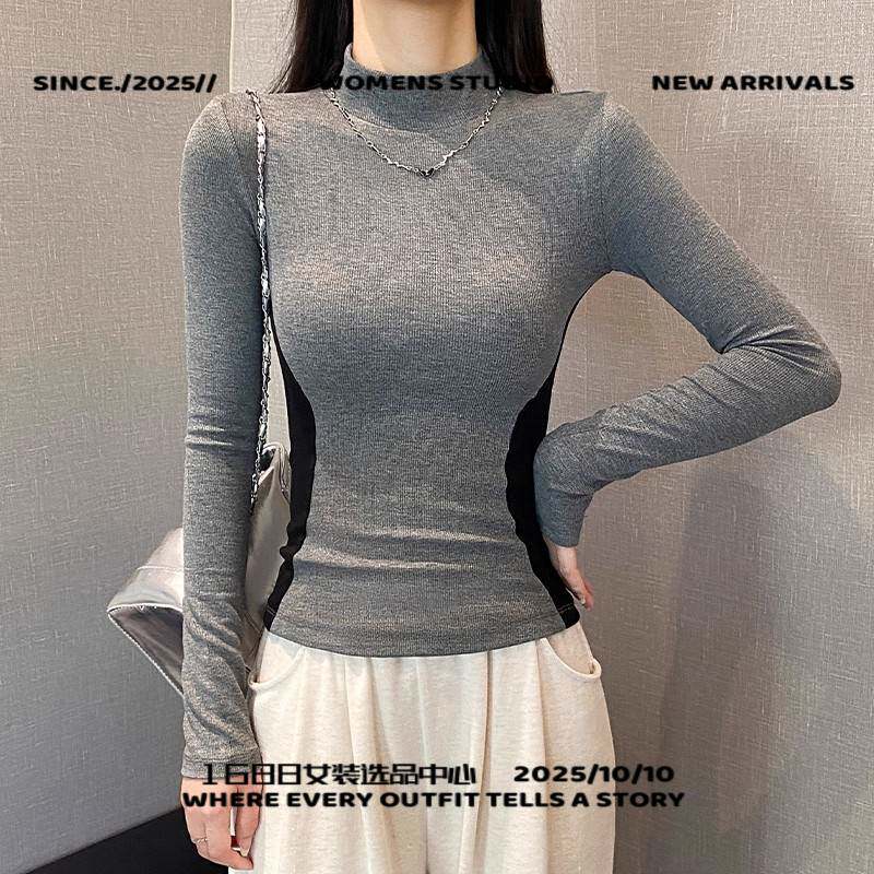 广州潮牌美衣服饰制衣螺纹半高领拼色长袖恤女春秋冬设计感修身显