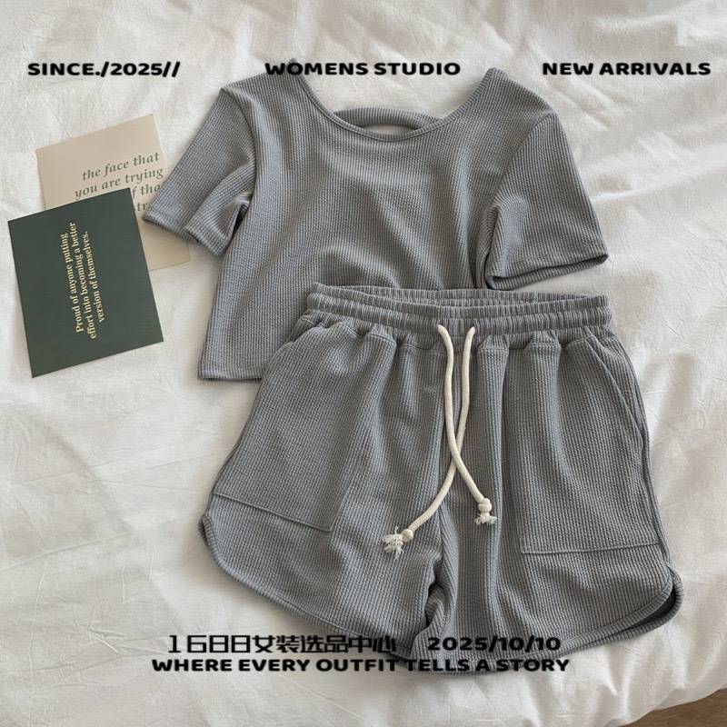 广州富雅服装修身简约运动套装女夏季松紧腰短裤紧身短袖恤女两件