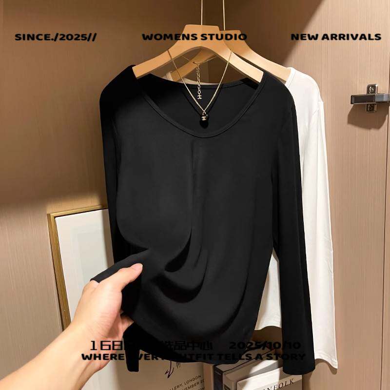 浙江至纯服饰秋冬长袖打底衫女白色正肩领纯宽松内搭松弛感恤上衣