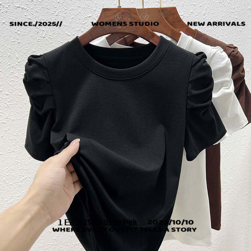 义乌可斐服饰市泡泡袖上衣女款棉法式小众白色短袖恤时髦洋气时尚