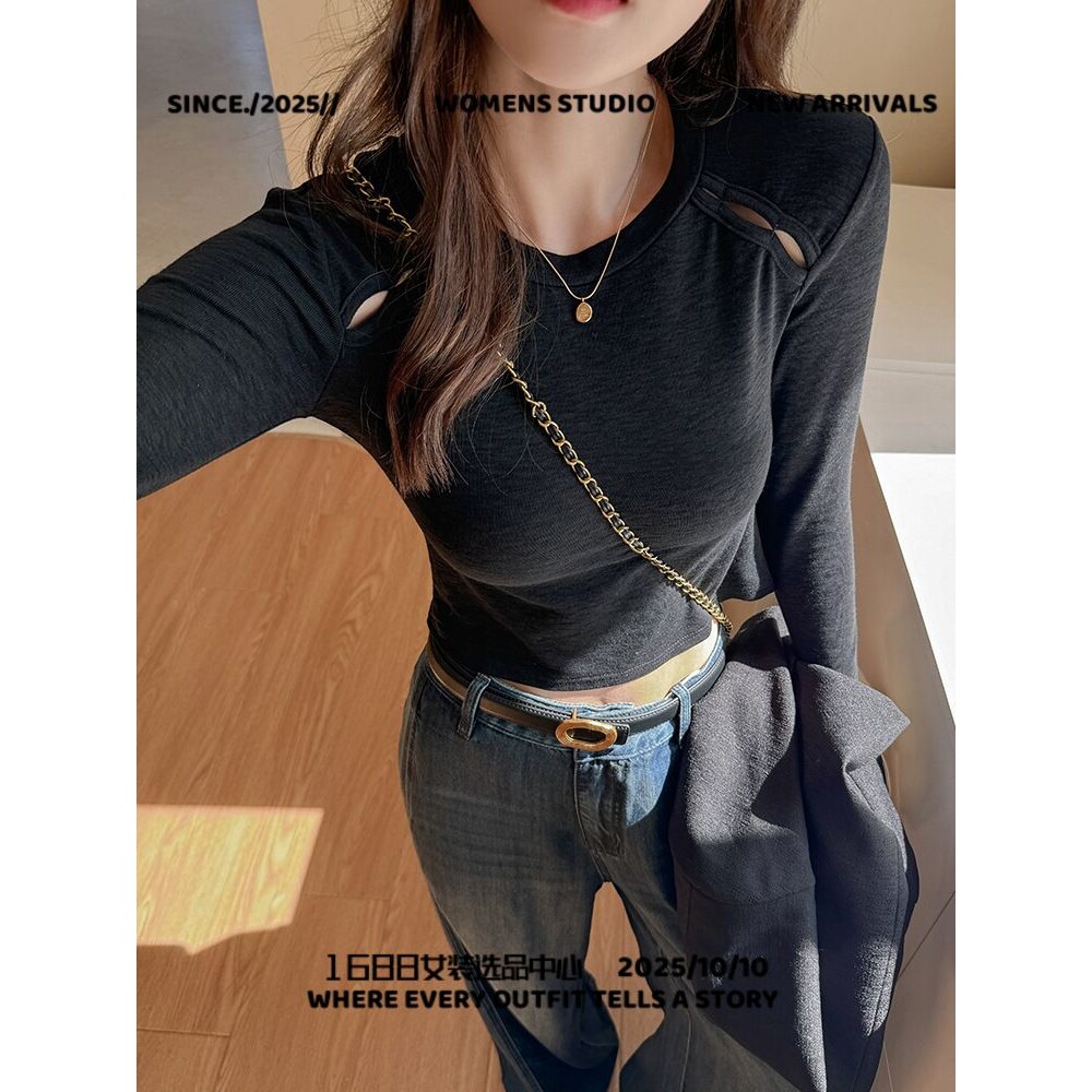 武汉星冠致舞服饰黑色镂空长袖打底衫女春秋新款修身显瘦辣妹内搭