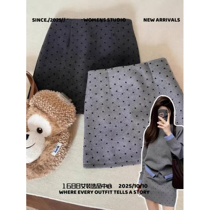 石狮浪印户外呢波点半身裙子女秋冬季高腰字复古加绒小个子打底短