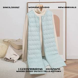 江苏科曼羽绒服秋冬新款时尚连帽波浪中长款轻薄款女拉链马甲背心