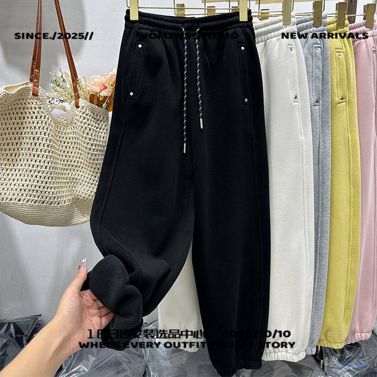 广州六米服饰欧货加绒加厚运动裤女装冬季新款糖果色宽松显瘦百搭