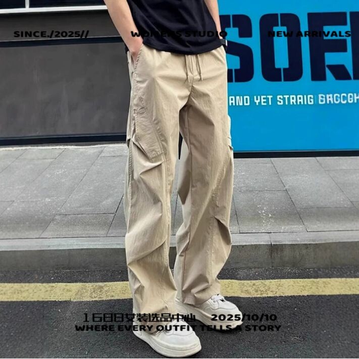 夏季美式街头褶皱伞兵运动工装裤男士宽松阔腿弯刀休闲长裤男