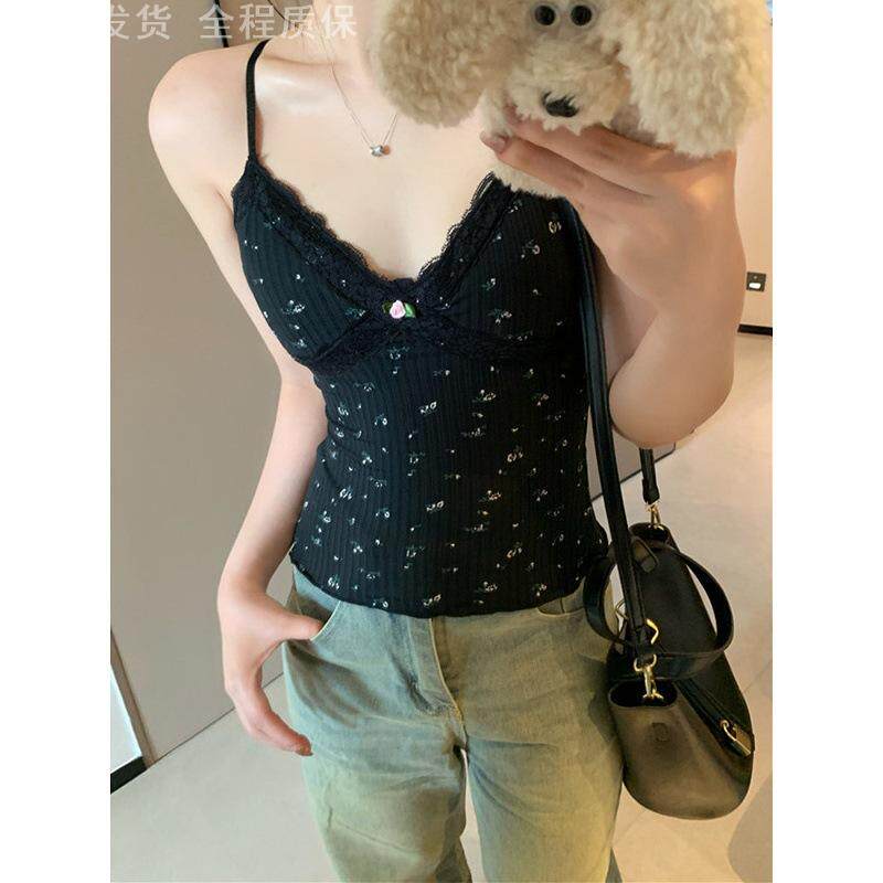 碎花吊带独特精致绝美bm风黑色蕾丝带胸垫背心女内搭打底美背上衣