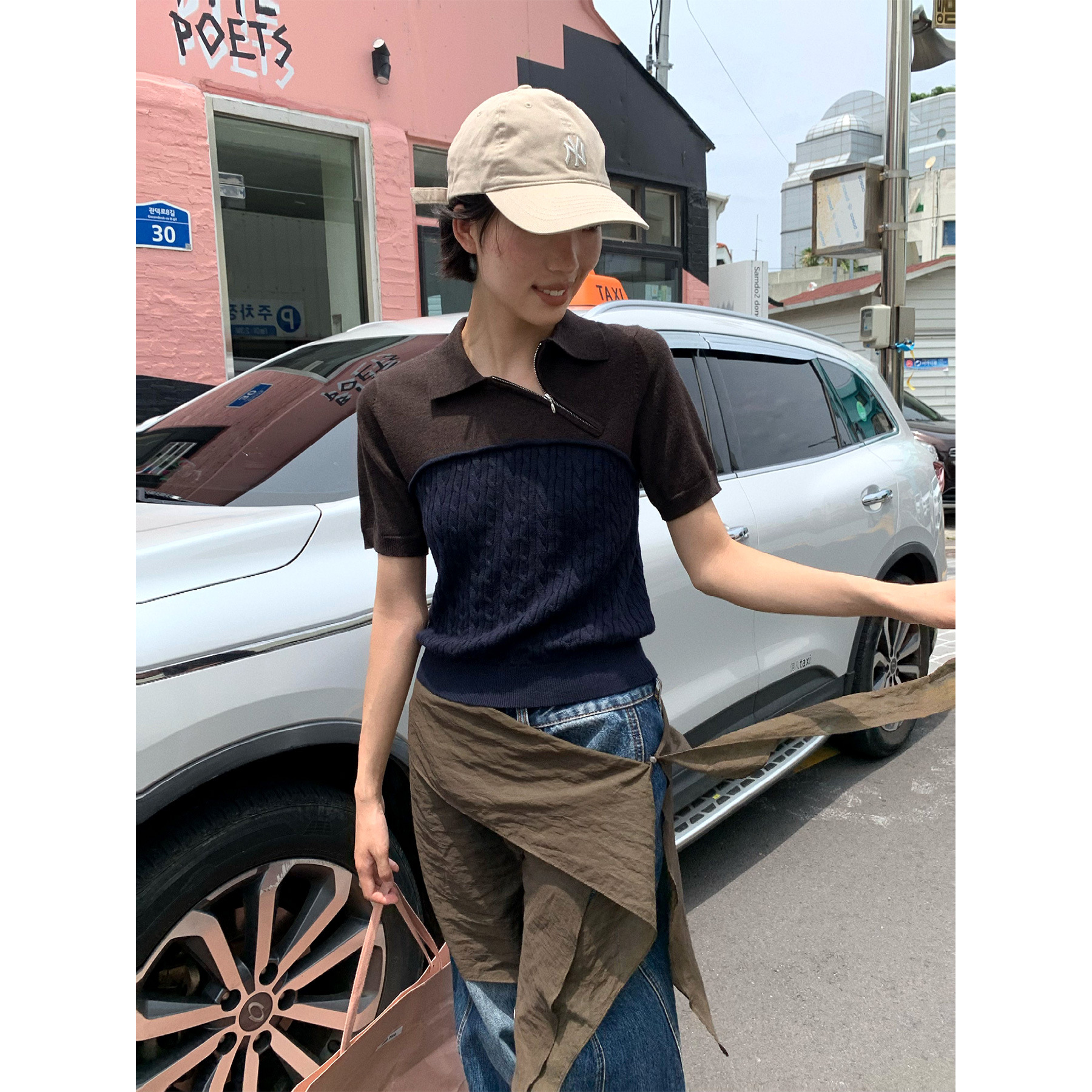 NEIHE内赫2025斜门襟撞色拼接设计感针织衫衫女春秋季上衣257055