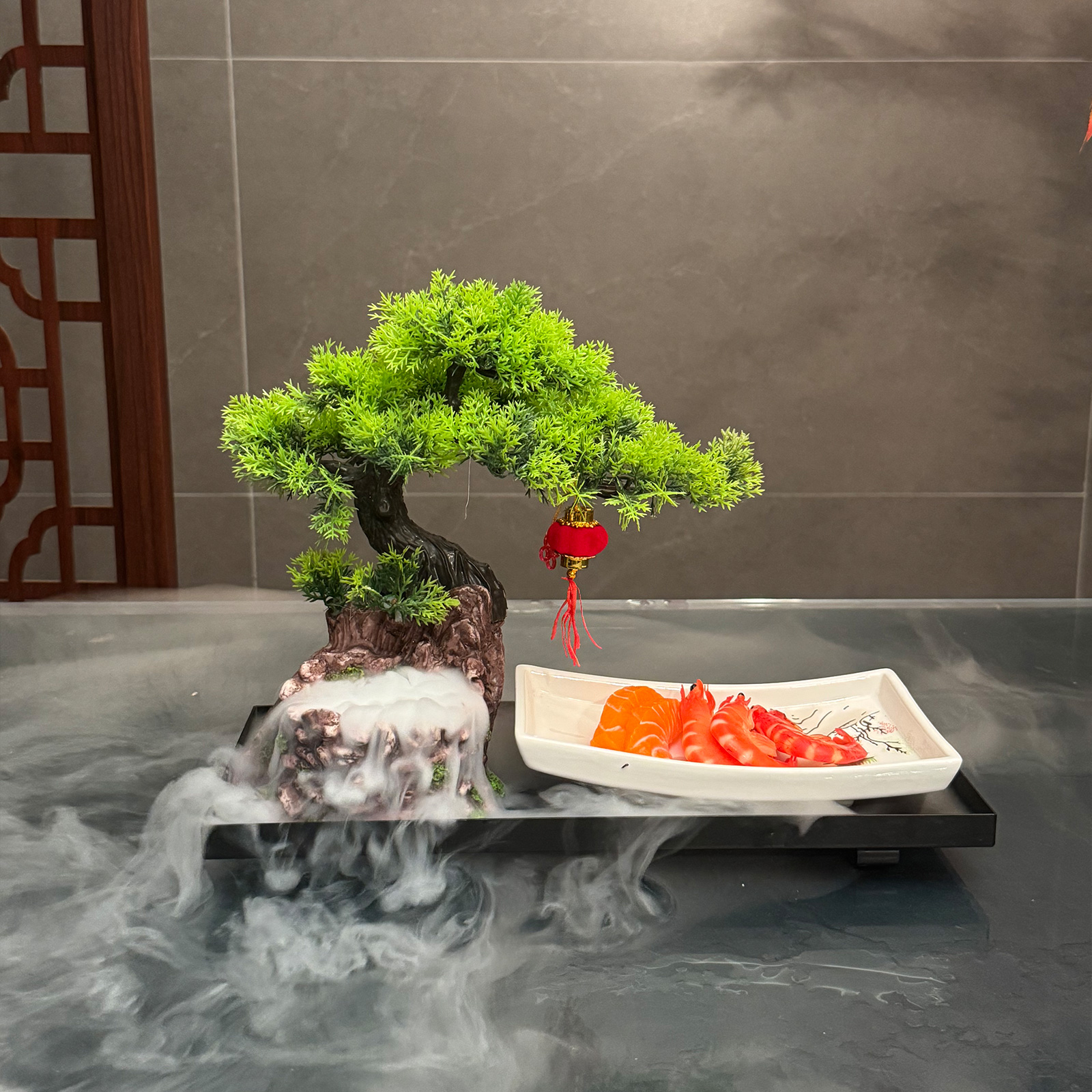 创意菜盘迎客松树海鲜姿造干冰明档小吃分子料理刺身意境摆盘装饰