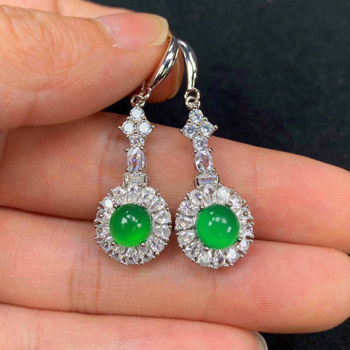 天然玉髓耳环女媲美翡翠帝王绿玛瑙镶嵌耳钉耳坠新中式饰品