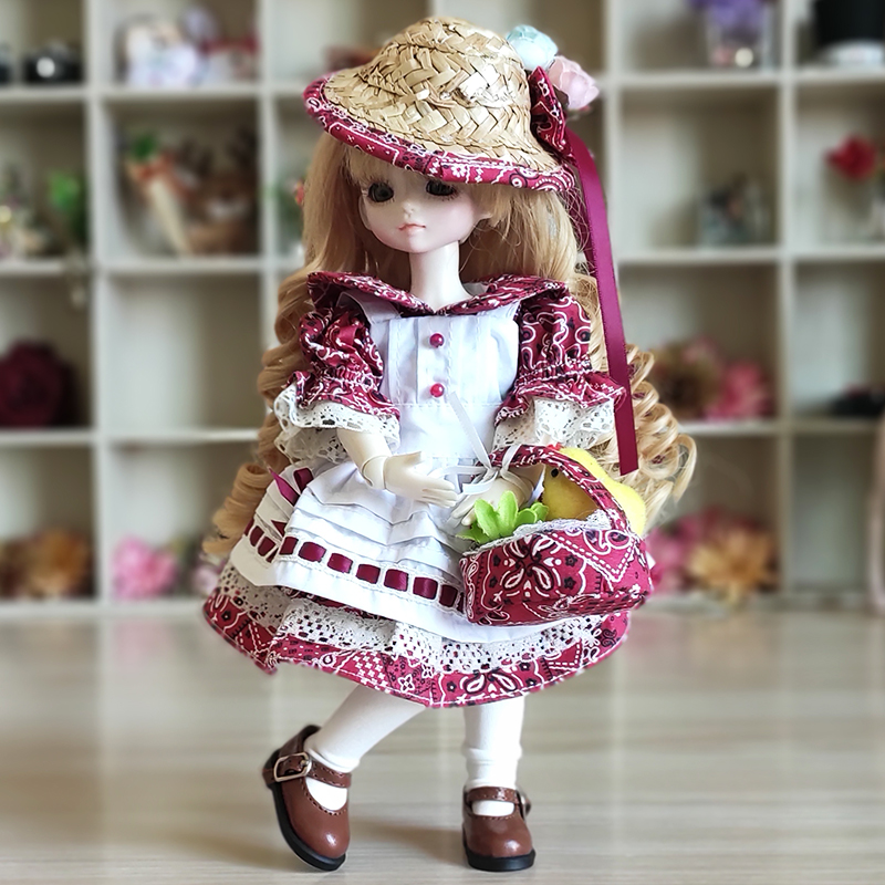 bjd娃衣乡村红色印花草帽裙子 浅紫2010款