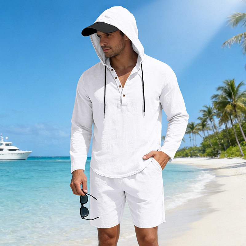 men's Casual long sleeve hooded shirt shorts set衬衫短裤套装
