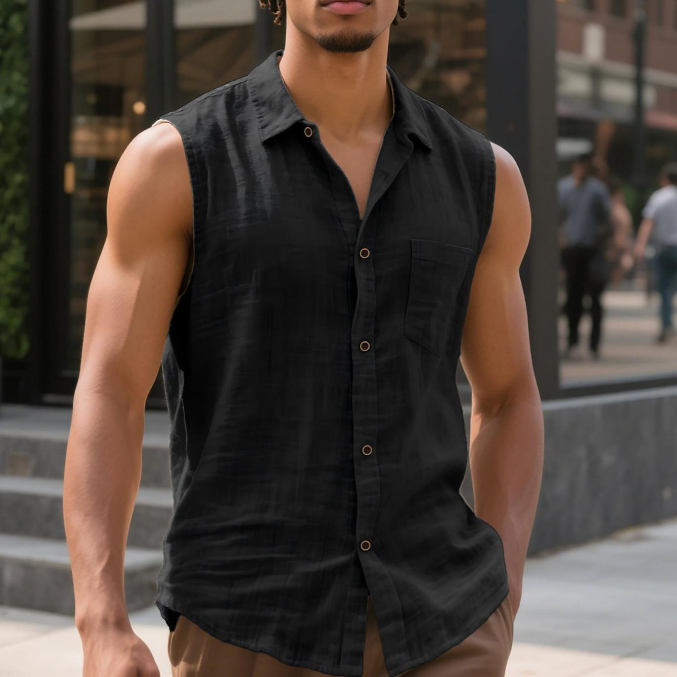男士休闲无袖翻领衬衫 Men's casual sleeveless lapel shirts