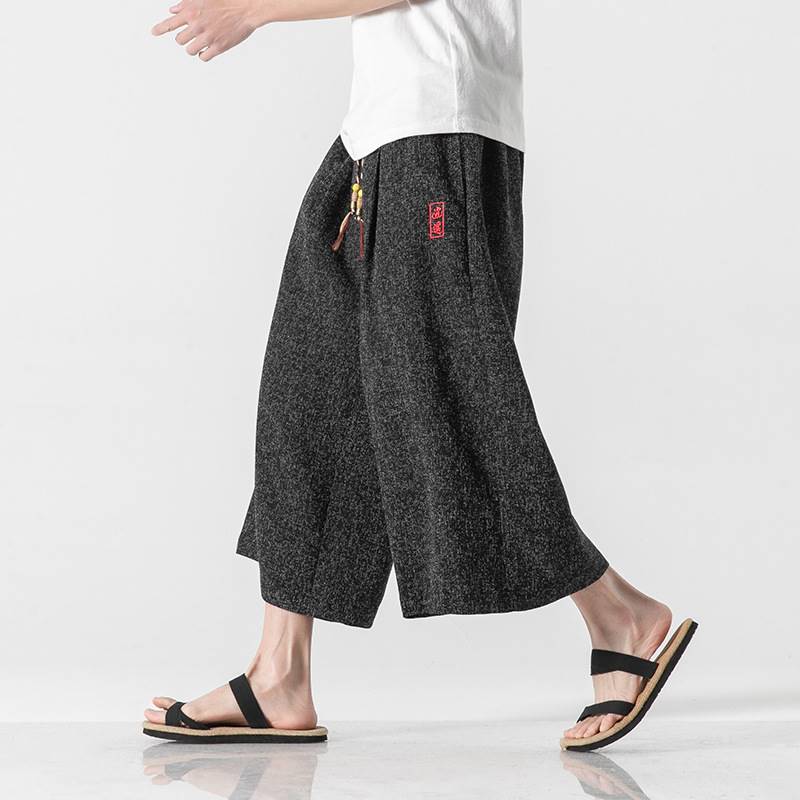 -Summer clothes new embroidered ice silk men's cropped pants