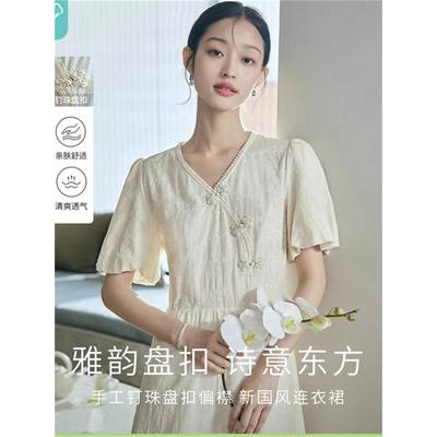 茵曼改良国风新中式连衣裙女装2025年夏季新款v领纯棉长裙小个子