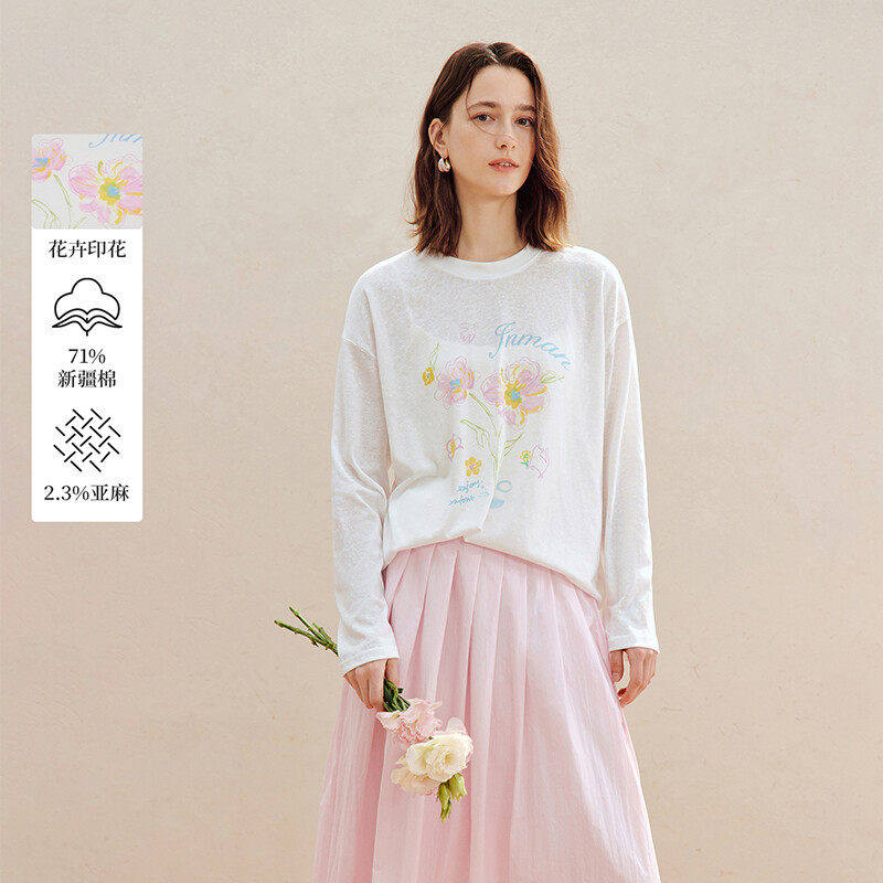 亚麻棉|因蔓宽松印花长袖T恤女2026夏季新款休闲海边穿搭白色罩衫