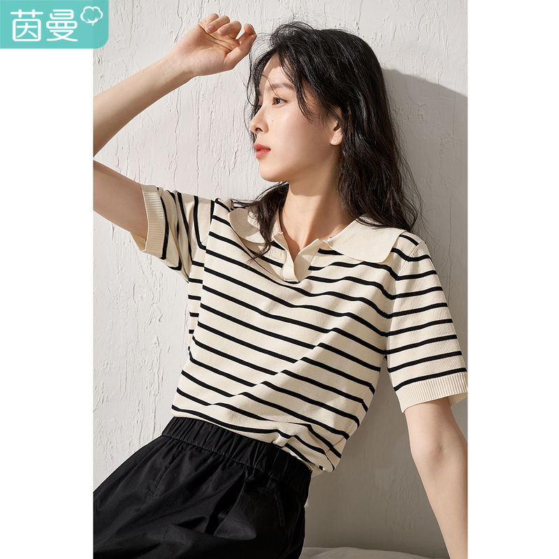 茵曼条纹翻领针织衫女2025春新品宽松显瘦休闲气质薄款长袖上衣女